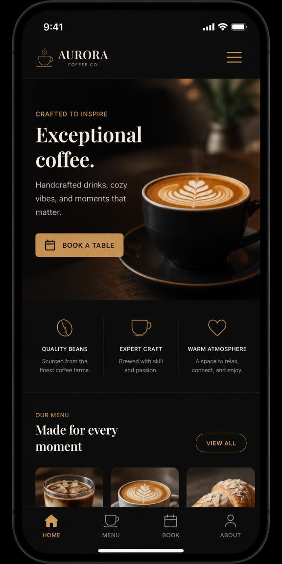 Coffee shop website design shown on a mobile phone