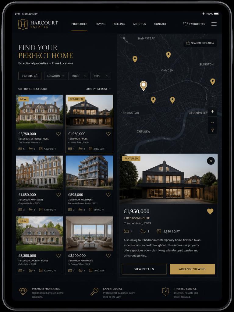 Estate agency website design shown on a tablet